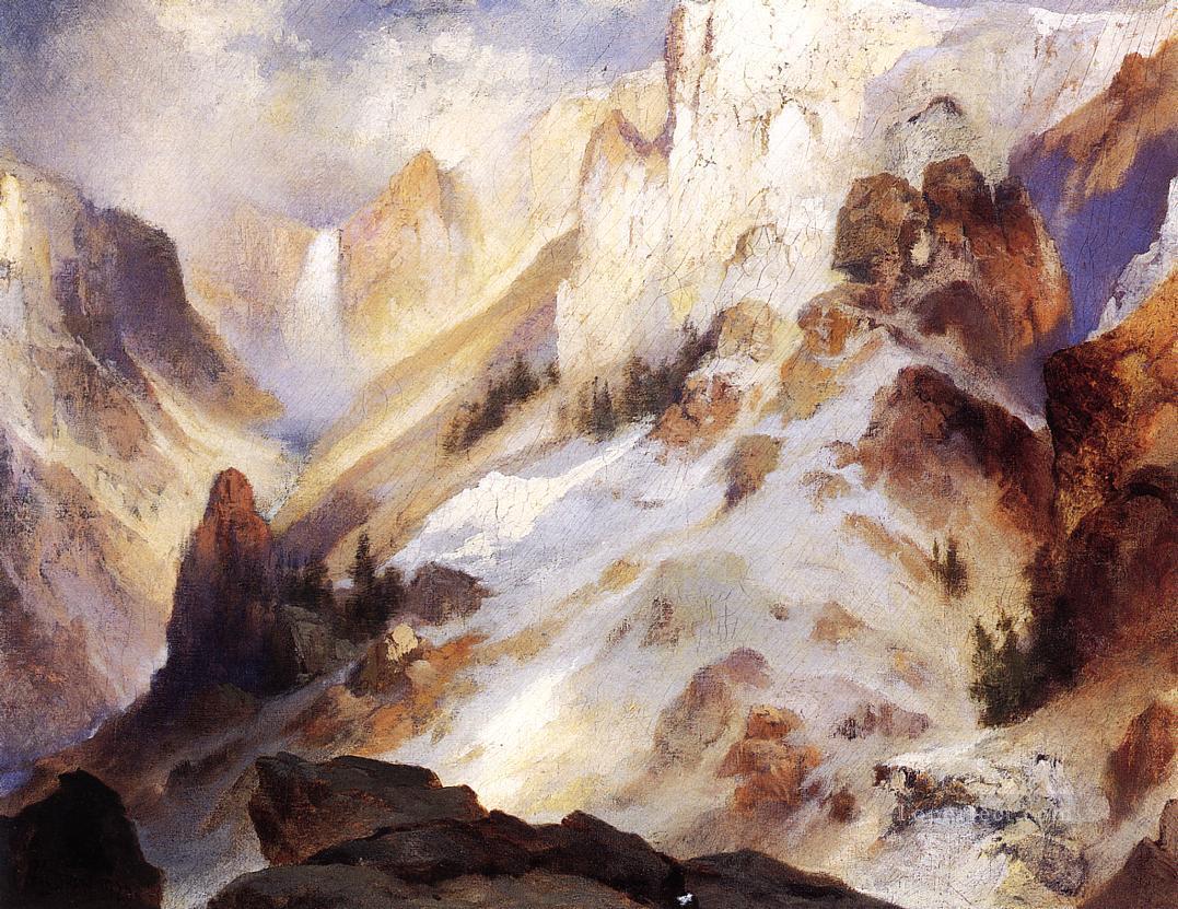 イエローストーンキャニオンの風景トーマス・モラン山脈油絵